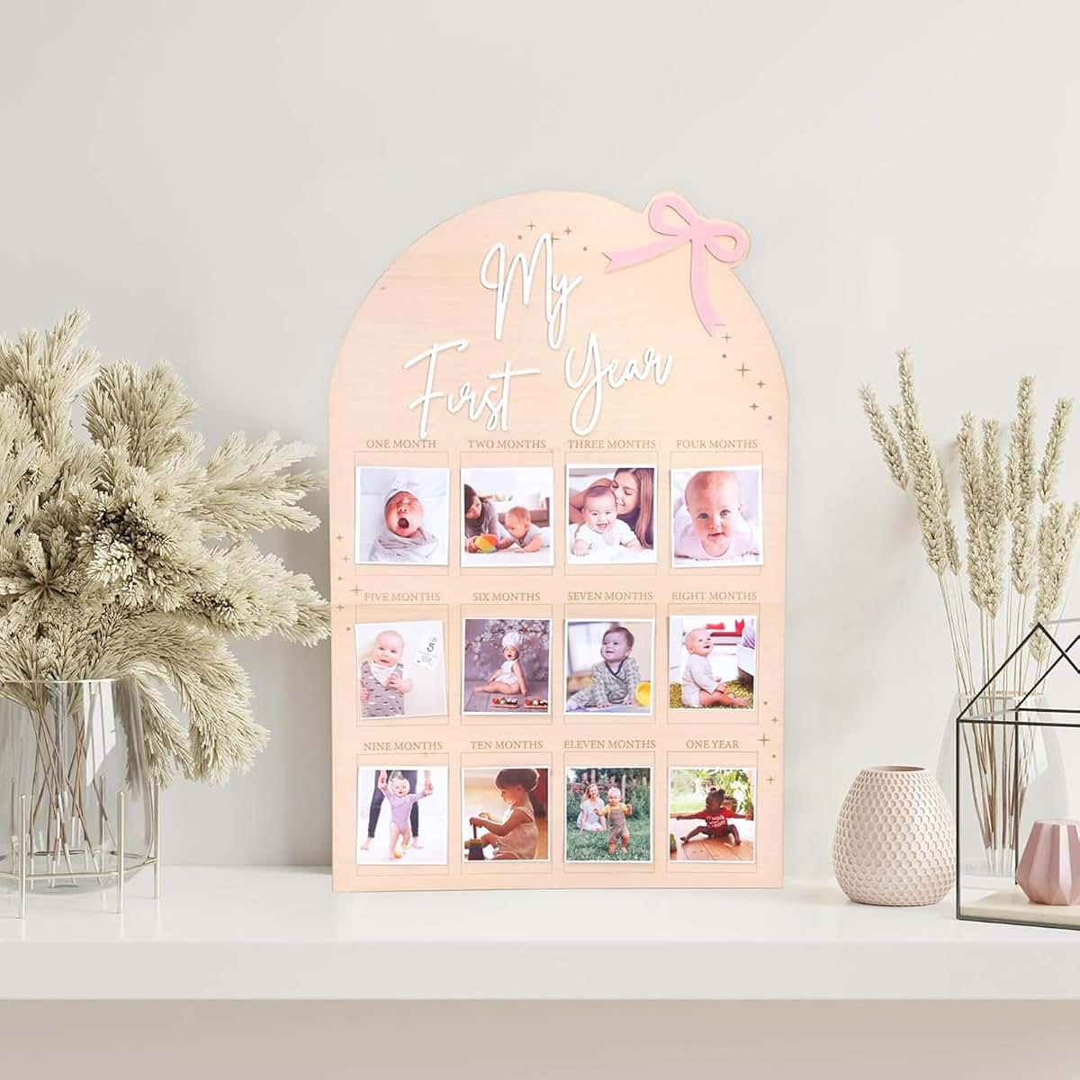 FLHRSM My First Year Photo Frame Board, 1st Birthday Girl Boy Gifts, Newborn Newmom Gift, 1 Year Old Girls Gifts, One