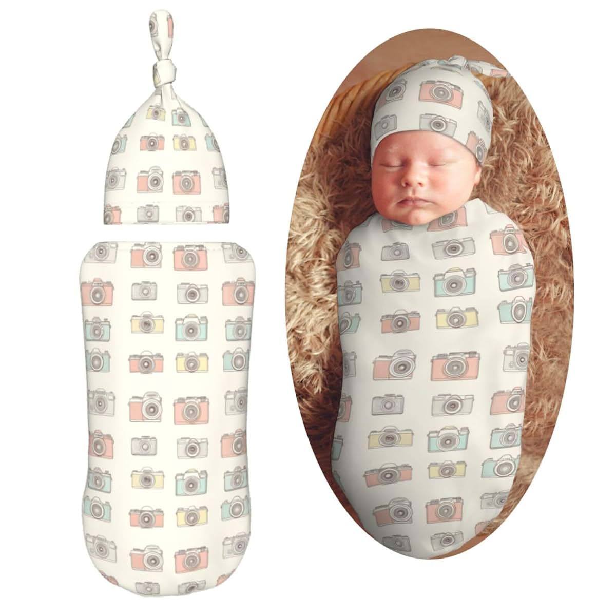 Muishi Hand Drawn Cameras Newborn Swaddle Blanket and Hat Set, 0-6 Months
