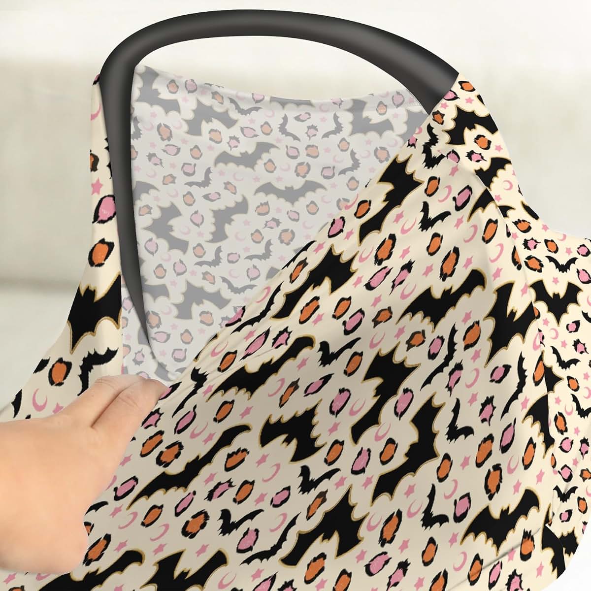 Halloween Bats Leopard Baby Car Seat Cover Pink Orange 5-in-1 Stretchy Cover Adjustable Infant Canopy Nursing Cover