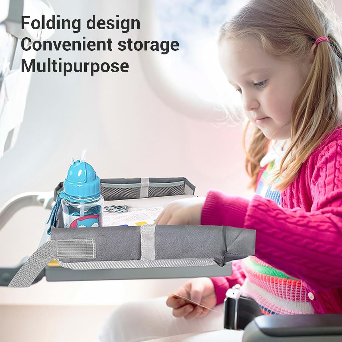 SIXRUN Kids Airplane Travel Tray Cover, Folding Table Toy Organizer Bag, Grey, Polyester Fiber, Multifunctional Design (photo 4)