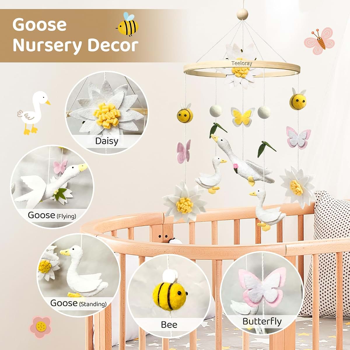 Teeloray Handmade Felt Goose Crib Mobile for Nursery Decor