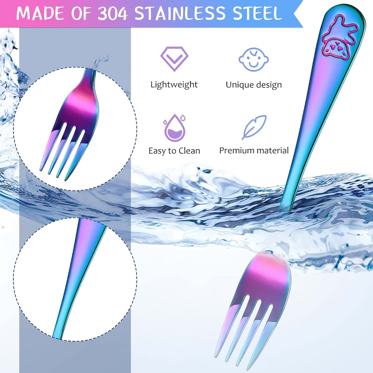 Rainbow Kids Stainless Steel Fork Set for Self Feeding Utensils