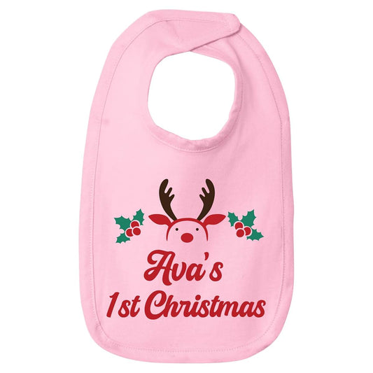 Smiling Jindo Personalized Christmas Baby Bib, Premium Jersey Reindeer Bib with Custom Text, Baby's First Christmas Gift