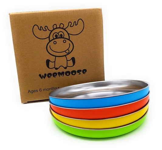 WeeMoose Premium 304 Stainless Steel Plates with Removable Silicone Shell | Set of 4 Plates | Baby Toddler Food Snack