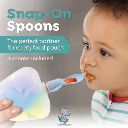LittleWhispers Baby Pouch Spoon Attachment, 3-Pack Silicone Squeeze Pouch Toppers with Travel Cases