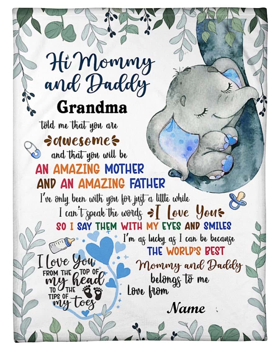 Homelight Personalized Elephant Mom and Baby Blanket Hi Mommy Daddy Grandma Told Me Gifts for Expecting First New Dad
