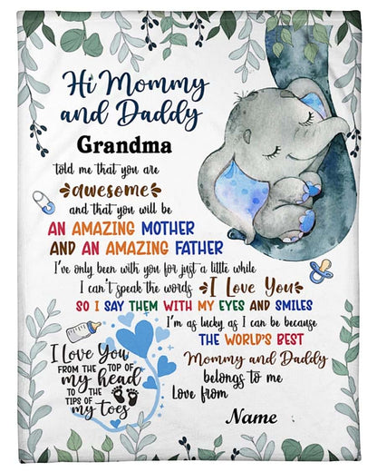 Homelight Personalized Elephant Mom and Baby Blanket Hi Mommy Daddy Grandma Told Me Gifts for Expecting First New Dad