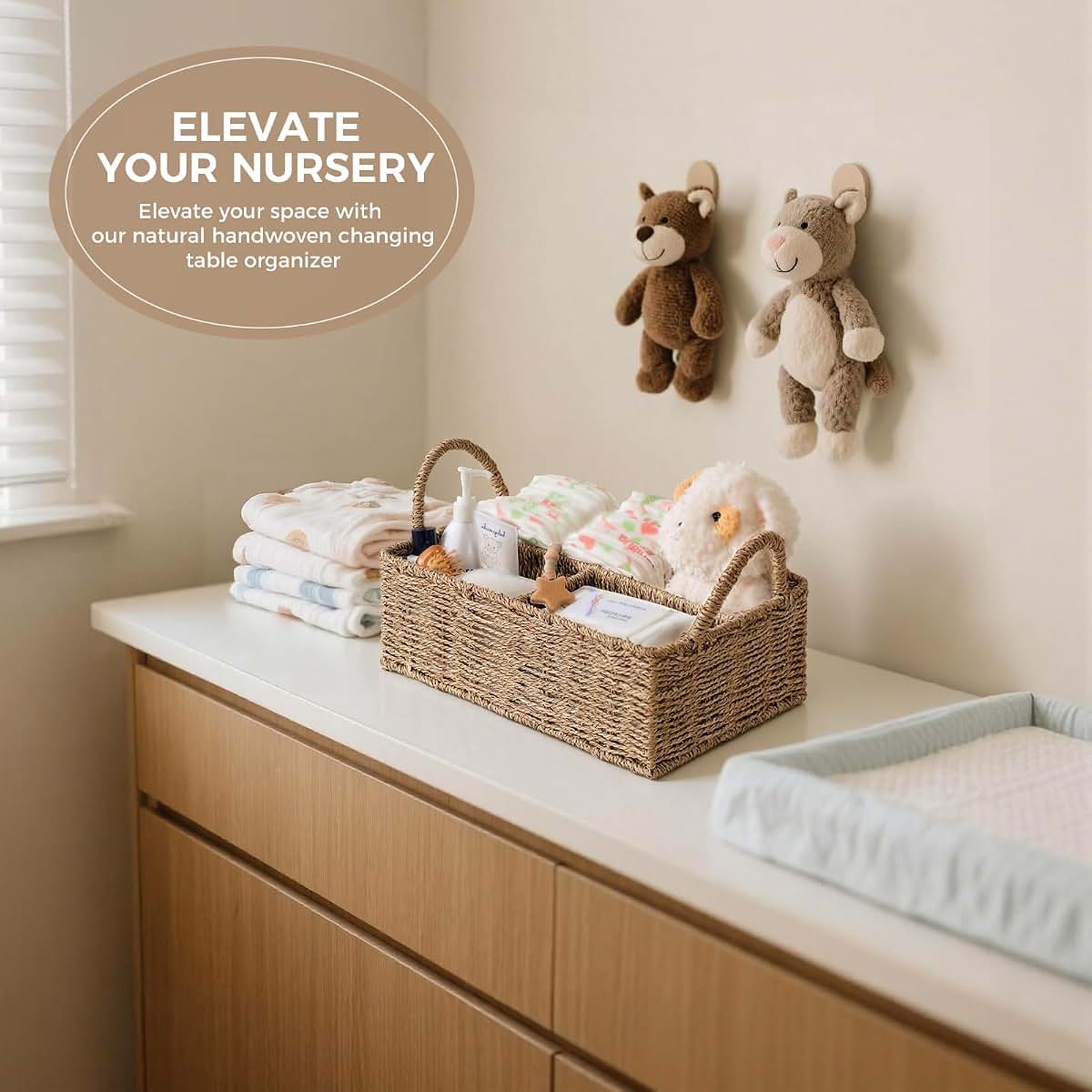 Klippehop Diaper Caddy Organizer, Handwoven Rattan Storage Basket with 3 Compartments, Natural Beige, Large