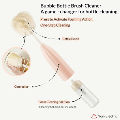 biqin Baby Bottle Brush Kit with Push-Press Foam and Drying Rack, Pink