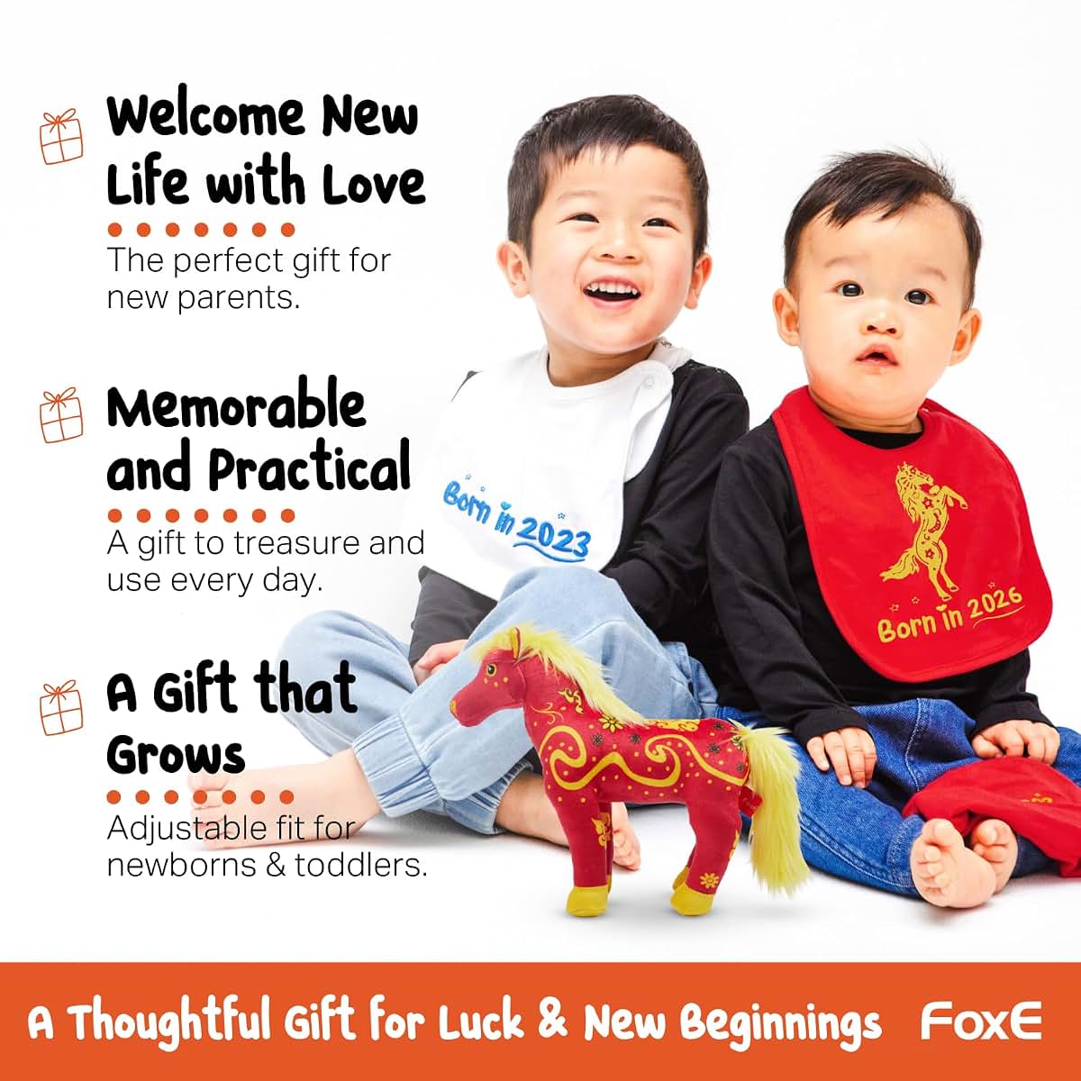 FoxE Year Of The Horse 2026 Baby Gift Set With Bib, Beanie, And Plush Toy