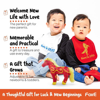 FoxE Year Of The Horse 2026 Baby Gift Set With Bib, Beanie, And Plush Toy