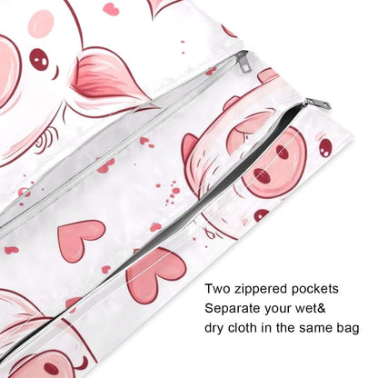 GOODOLD Cute Pig Wet Dry Bag for Baby Cloth Diapers, 2-Piece Set with Two Zippered Pockets
