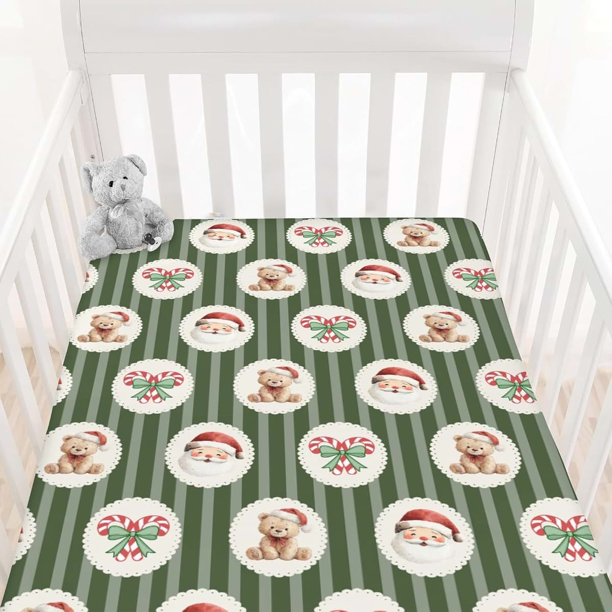 Cstdyfrv Christmas Santa Claus Bear Fitted Crib Sheet (photo 2)