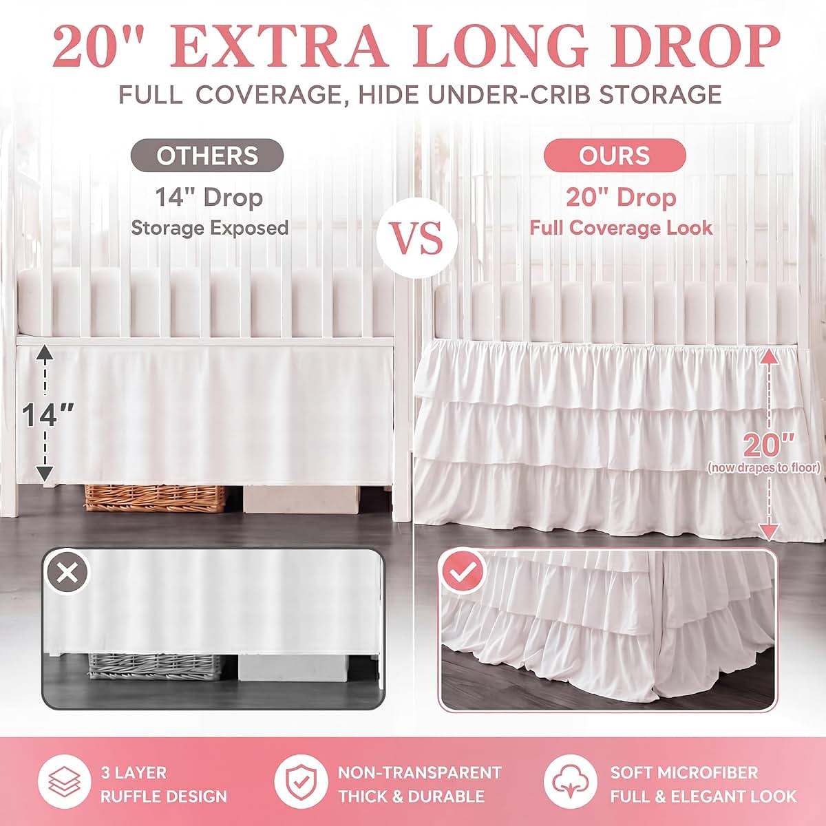 CrystalSylara Extra Long White Ruffled Crib Skirt With 8 Piece Bow Set (photo 2)