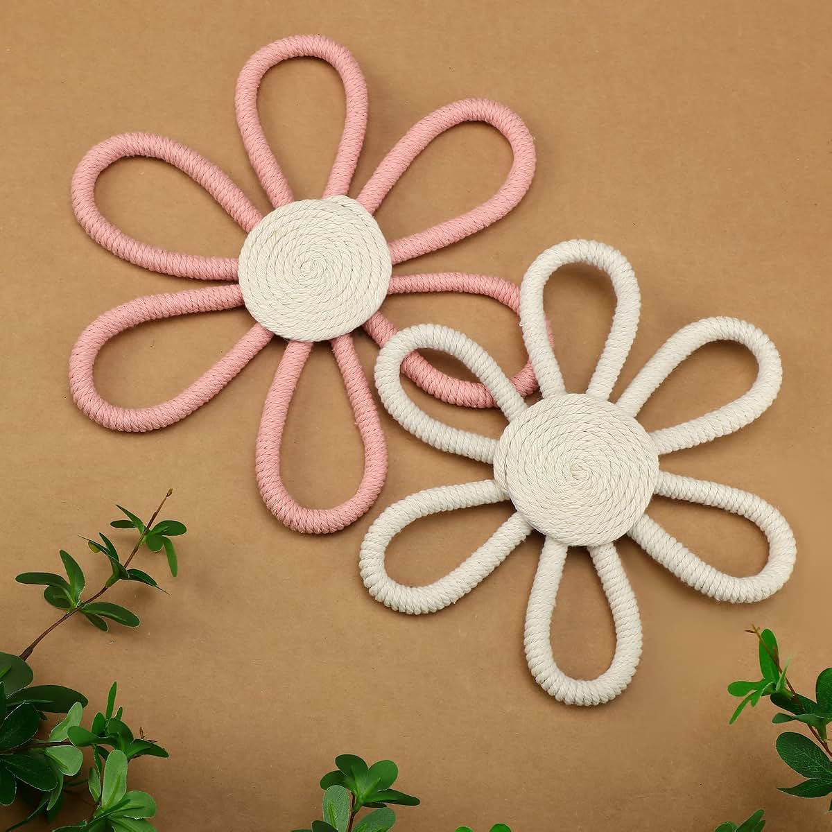 Gerrii Boho Daisy Flower Woven Macrame Wall Hanging, 2 Pcs Pink and White Nursery Decor