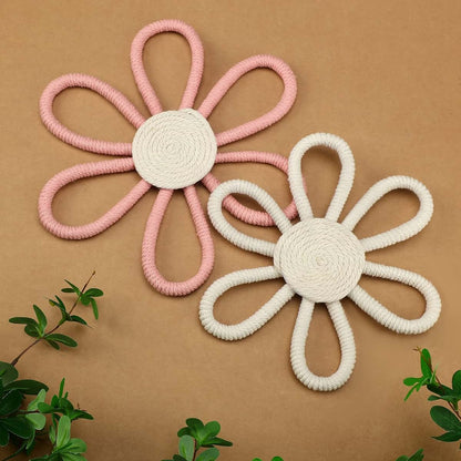 Gerrii Boho Daisy Flower Woven Macrame Wall Hanging, 2 Pcs Pink and White Nursery Decor
