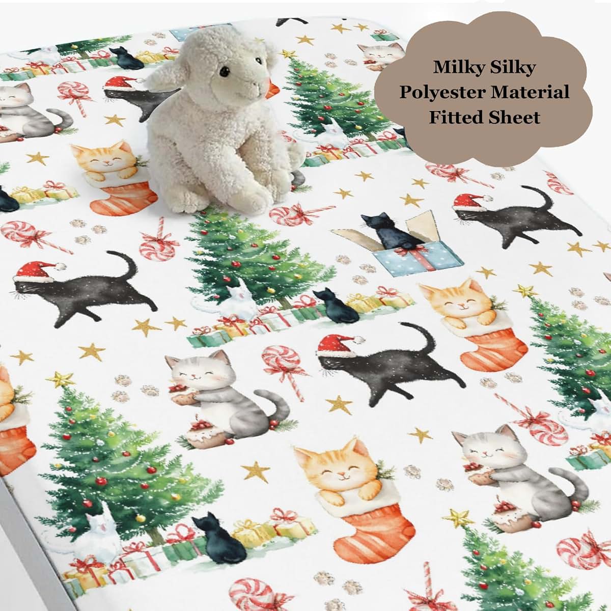 Wicbfdfv Christmas Cat and Pine Trees Polyester Baby Crib Sheet (photo 3)
