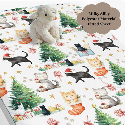 Wicbfdfv Christmas Cat and Pine Trees Polyester Baby Crib Sheet (photo 3)