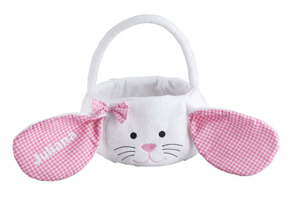Fox Valley Traders Personalized Kids Easter Basket, Plush White Bunny with Floppy Gingham Ears