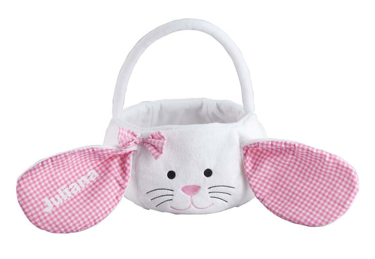 Fox Valley Traders Personalized Kids Easter Basket, Plush White Bunny with Floppy Gingham Ears