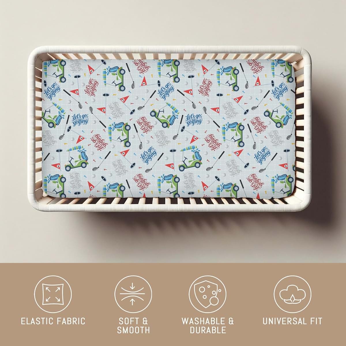 Selgkds Pastel Golfing Baby Crib Sheets for Boys Golf Cart Clubs Tees Balls Soft Snug Fitted Crib Mattress Covers for