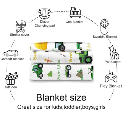 Kryvoxc Personalized Baby Blankets with Name, Green Excavator Double Layer Receiving Swaddle Blanket with Dotted (photo 4)