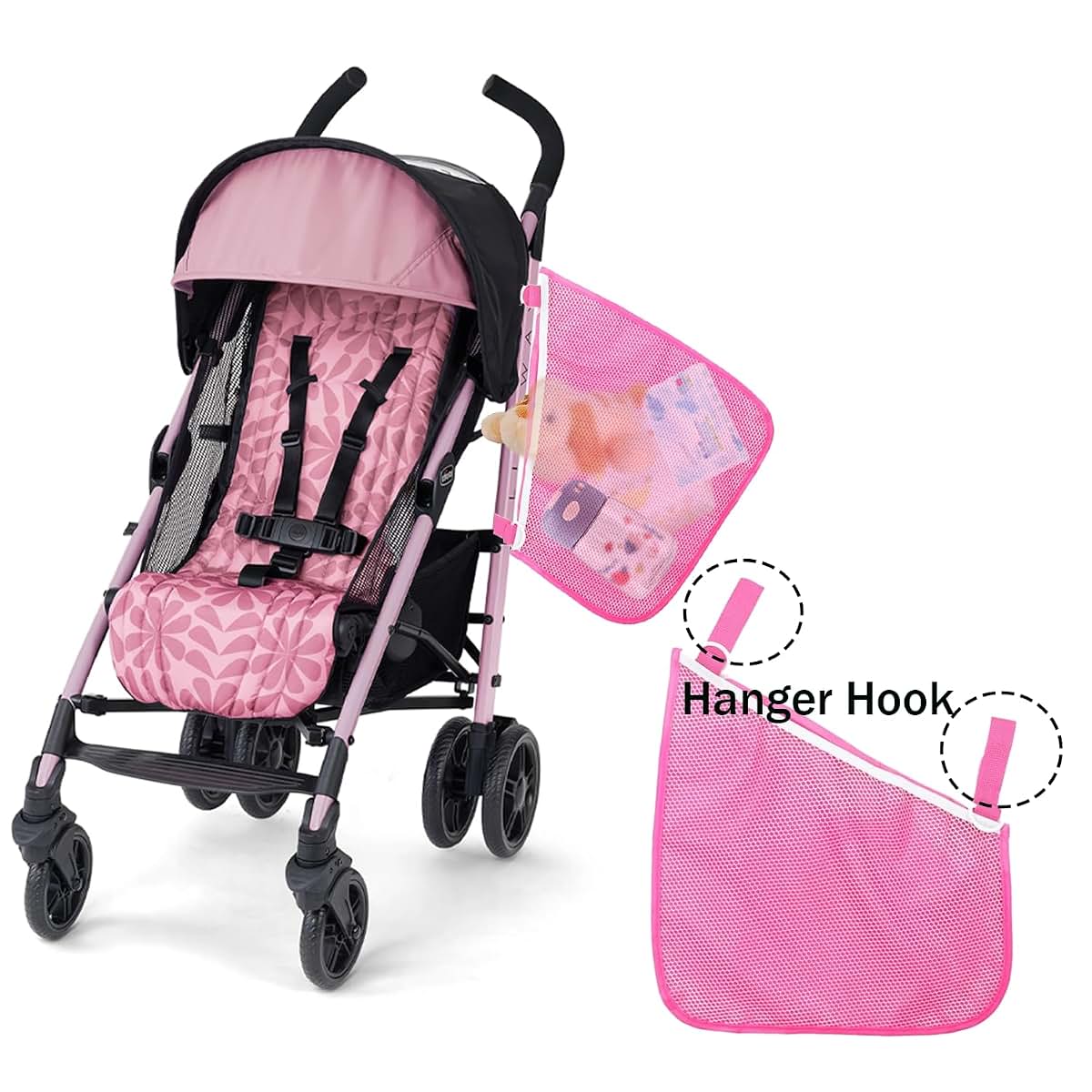 BabyOneStop 2 Pack Side Sling Stroller Cargo Net, Pink Universal Organizer Bag