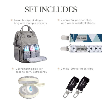 Dodo Babies Diaper Bag Backpack Set with Insulated Pockets, Pacifier Clips & Binky Case (Teal/Grey)
