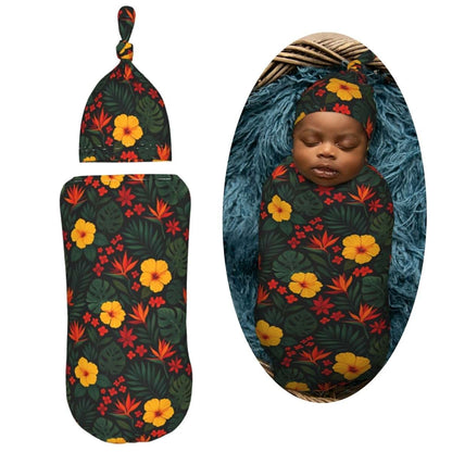 Muishi Yellow Hawaiian Tropical Flower Newborn Swaddle Blanket and Hat Set for 0-6 Months