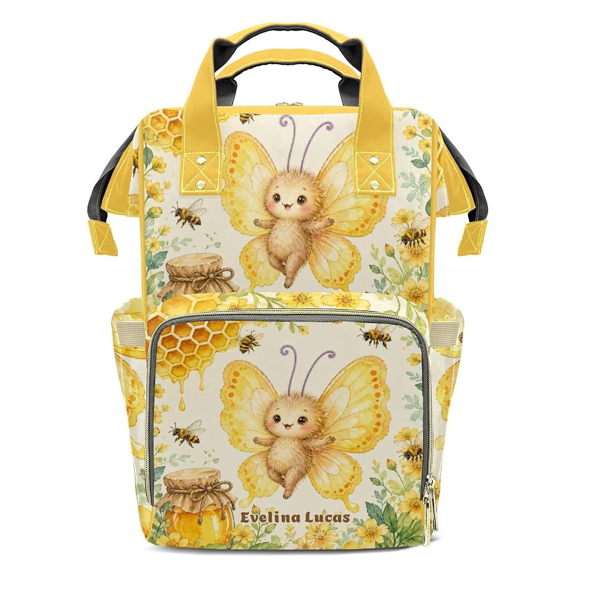 LiSoAkWE Customizable Large Capacity Watercolor Sweet Bee Honey Diaper Bag Personalized Name,Waterproof Multi-Function