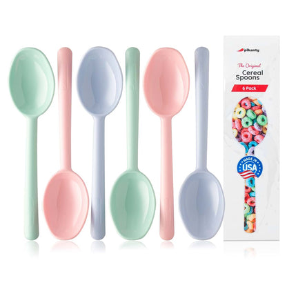 Pikanty Plastic Cereal Spoons, Set of 6 - 7 Inch Kids Spoons in Pink, Green, Blue, Made in USA