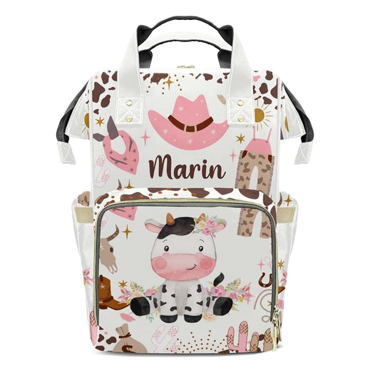 LiSoAkWE Cowgirl Western Cute Cow Personalized Diaper Bag with Name,Customized Nappy Backpack with Thermal Pockets