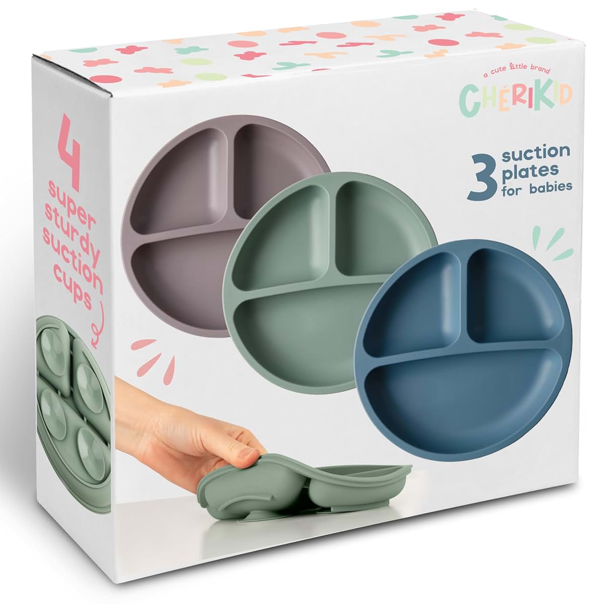 ChériKid Toddler Plates with Suction, 3-Section Silicone Divided Plates