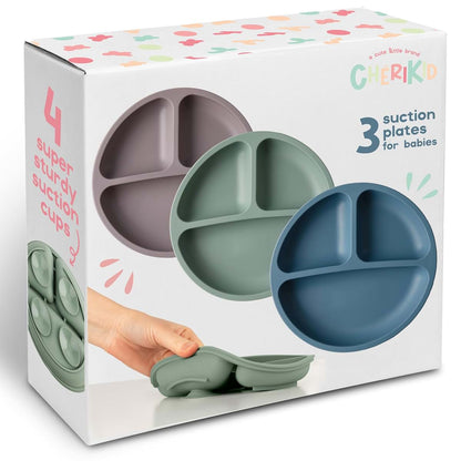 ChériKid Toddler Plates with Suction, 3-Section Silicone Divided Plates