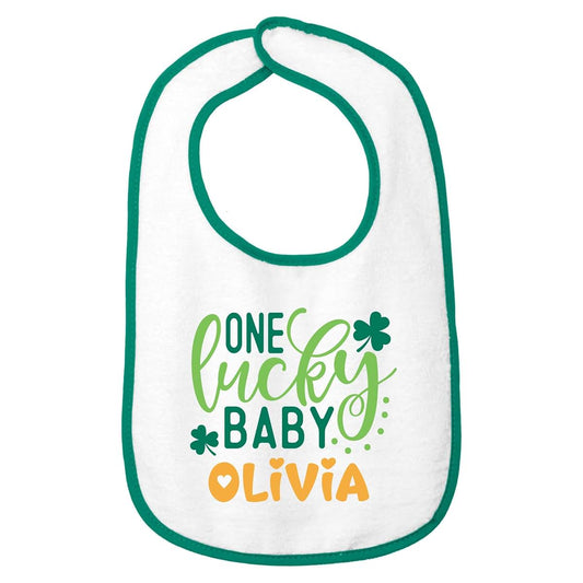 Smiling Jindo Personalized St. Patrick’s Day Baby Bib – “One Lucky Baby” Design with Custom Name, Soft Cotton Terry