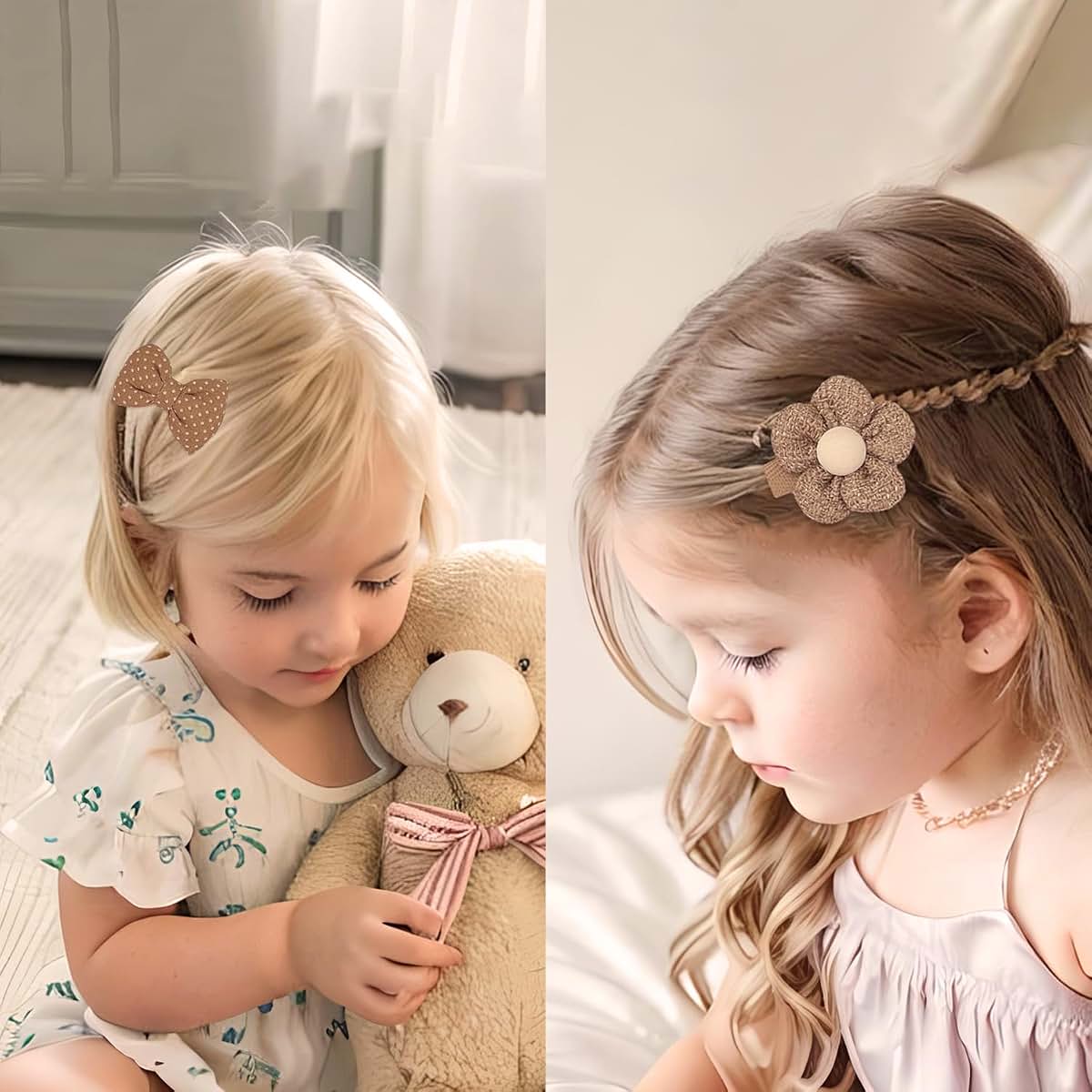 EleMirsa 12pcs Girl's Brown Bow Fabric Snap Hair Clips Set