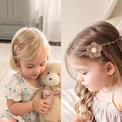 EleMirsa 12pcs Girl's Brown Bow Fabric Snap Hair Clips Set