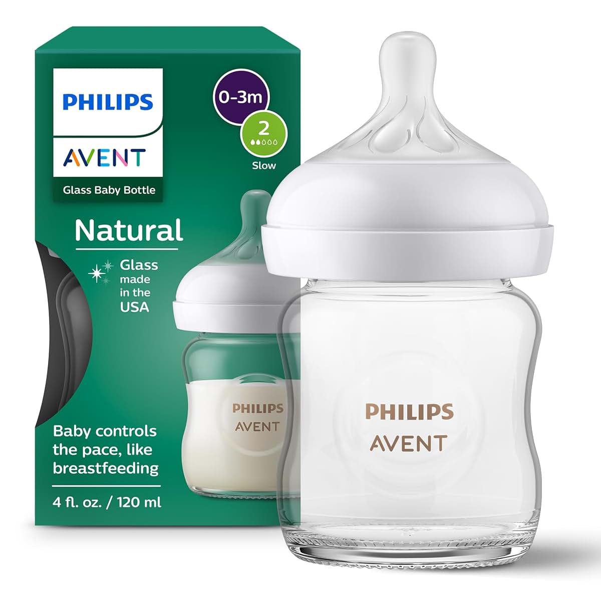 Philips Avent Natural Glass Baby Bottle, Slow Flow, 4 oz