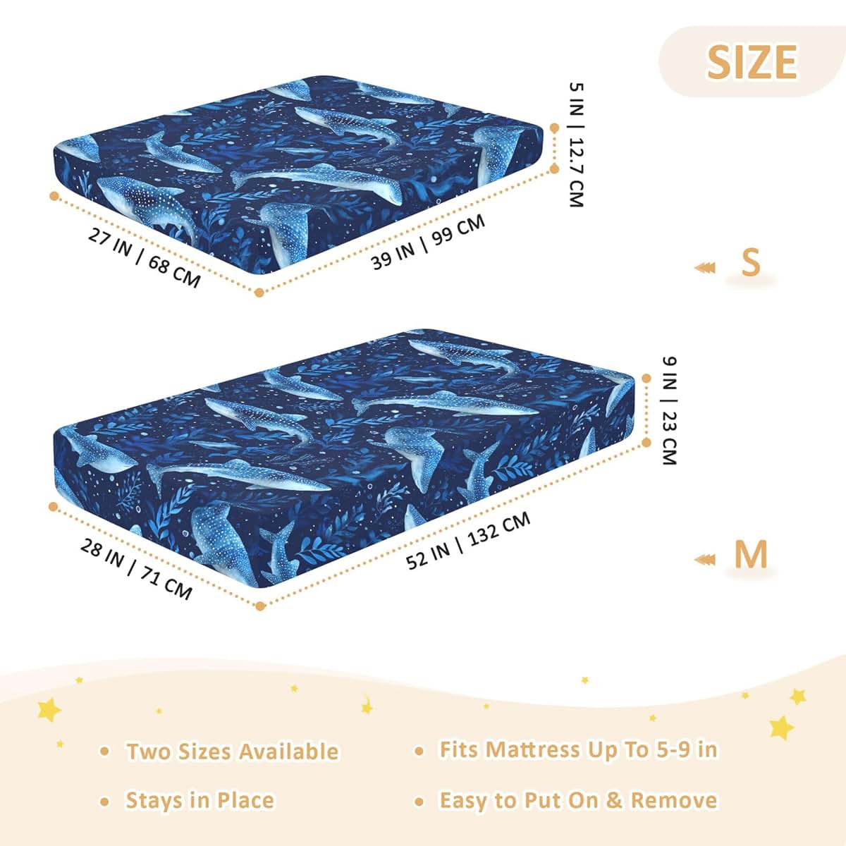 Mazeann Watercolor Whale Sharks Fitted Crib Sheet, Cotton Mini Crib and Playard Cover, 39 x 27 x 5 in