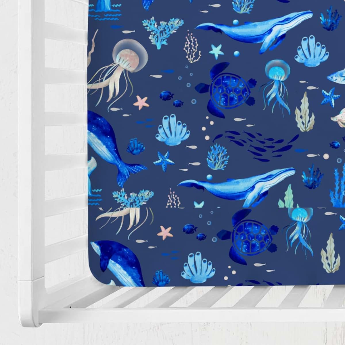 Hwmmbh Navy Nautical Sea Life Crib Sheet for Standard Crib