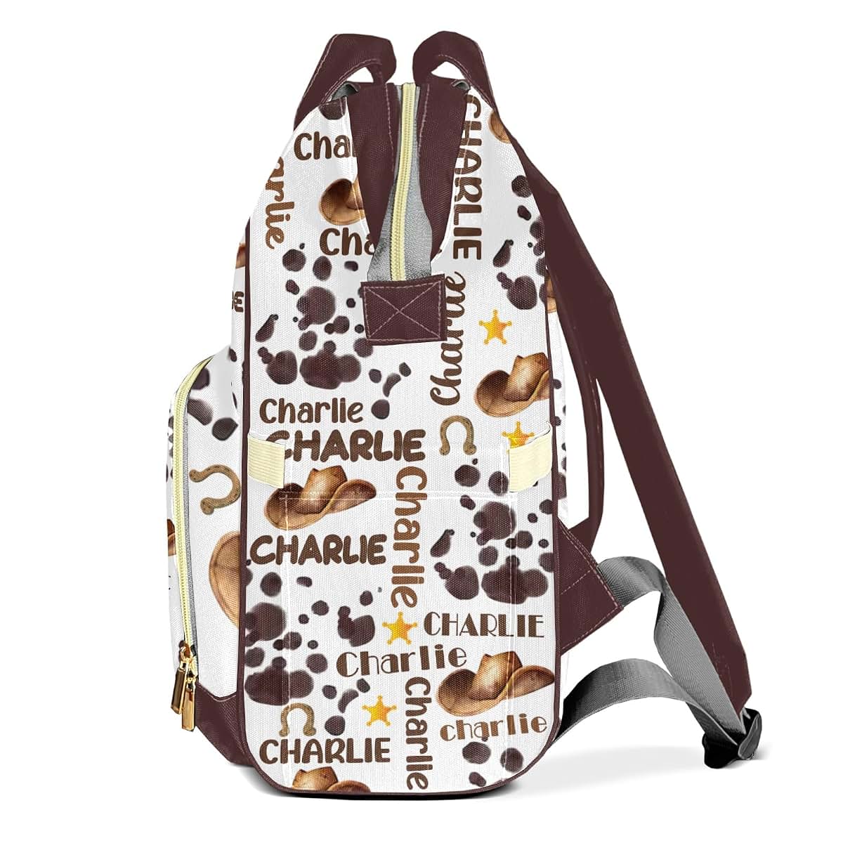 LiSoAkWE Rodeo Hat Print Cow Personalized Diaper Bag Backpack with Name,Customized Nappy Backpack for Baby Girls (photo 3)
