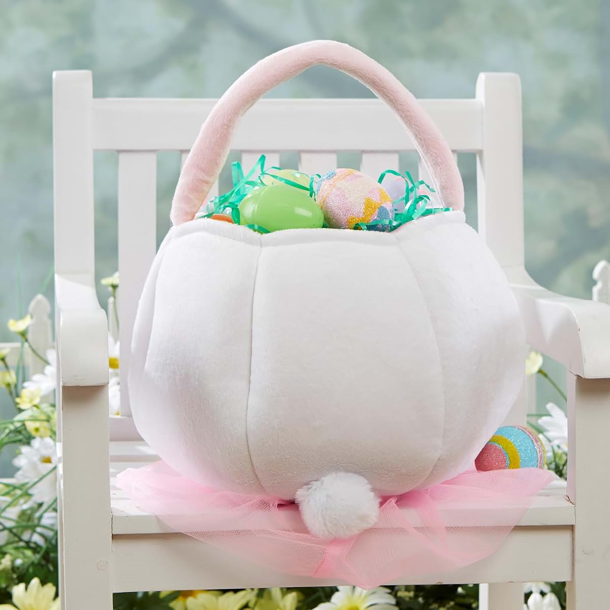 Personalization Universe Embroidered Pink Accented Easter Bunny Basket, Soft Plush Easter Egg Hunt Bag, Children's (photo 3)