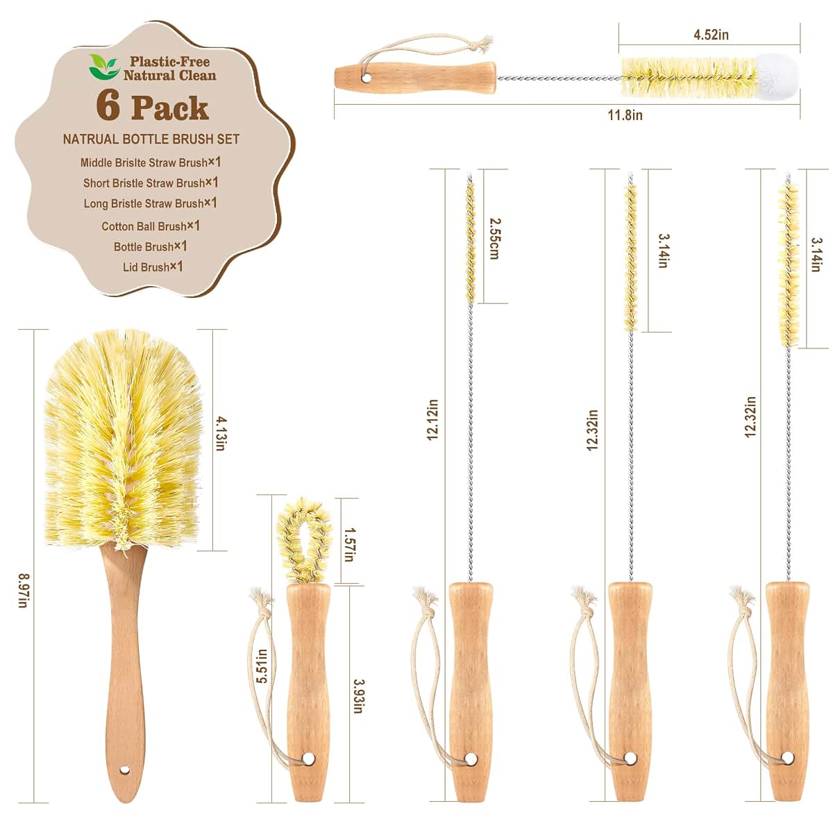 Valentise Bottle Brush Set 6 Pack Sisal Bristle Natural Cleaning Set