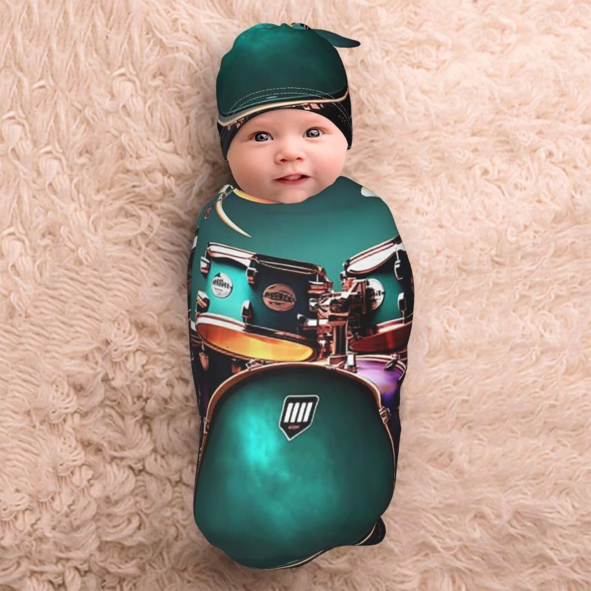 KLLTYHMU Newborn Swaddle Blanket with Beanie Hat Set,Super Soft Newborn Receiving Blankets Baby Swaddle Wrap Cool Drum