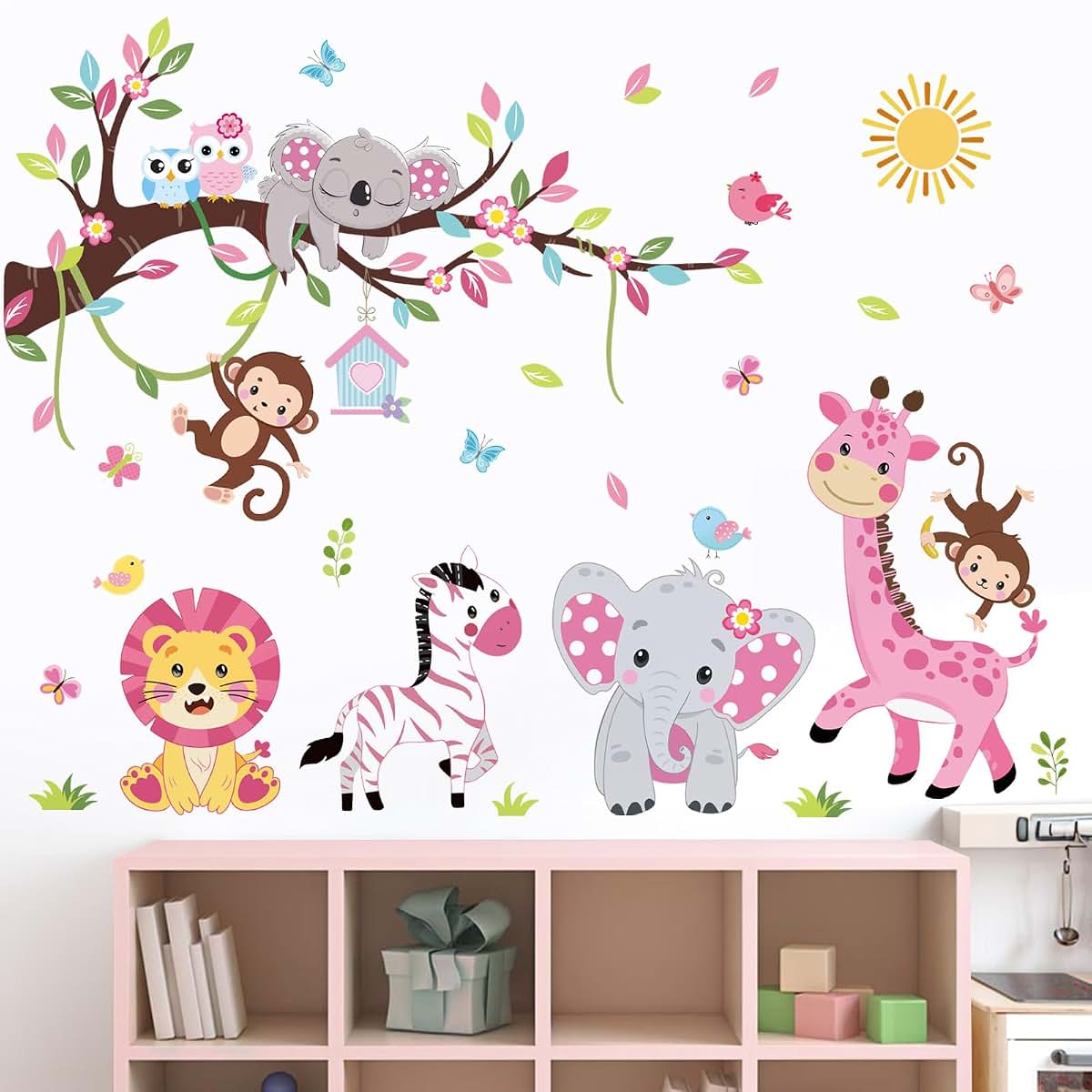 wondever Pink Animal Tree Branch Wall Decals Elephant Lion Wall Stickers | Peel and Stick, Removable, Wall Art Decals (photo 2)