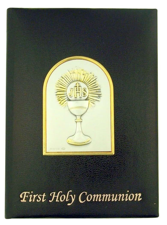 First Holy Communion Gifts Boys First Holy Communion Padded Leatherette Missal with JHS Chalice Image, Black, 5 1/4 Inch