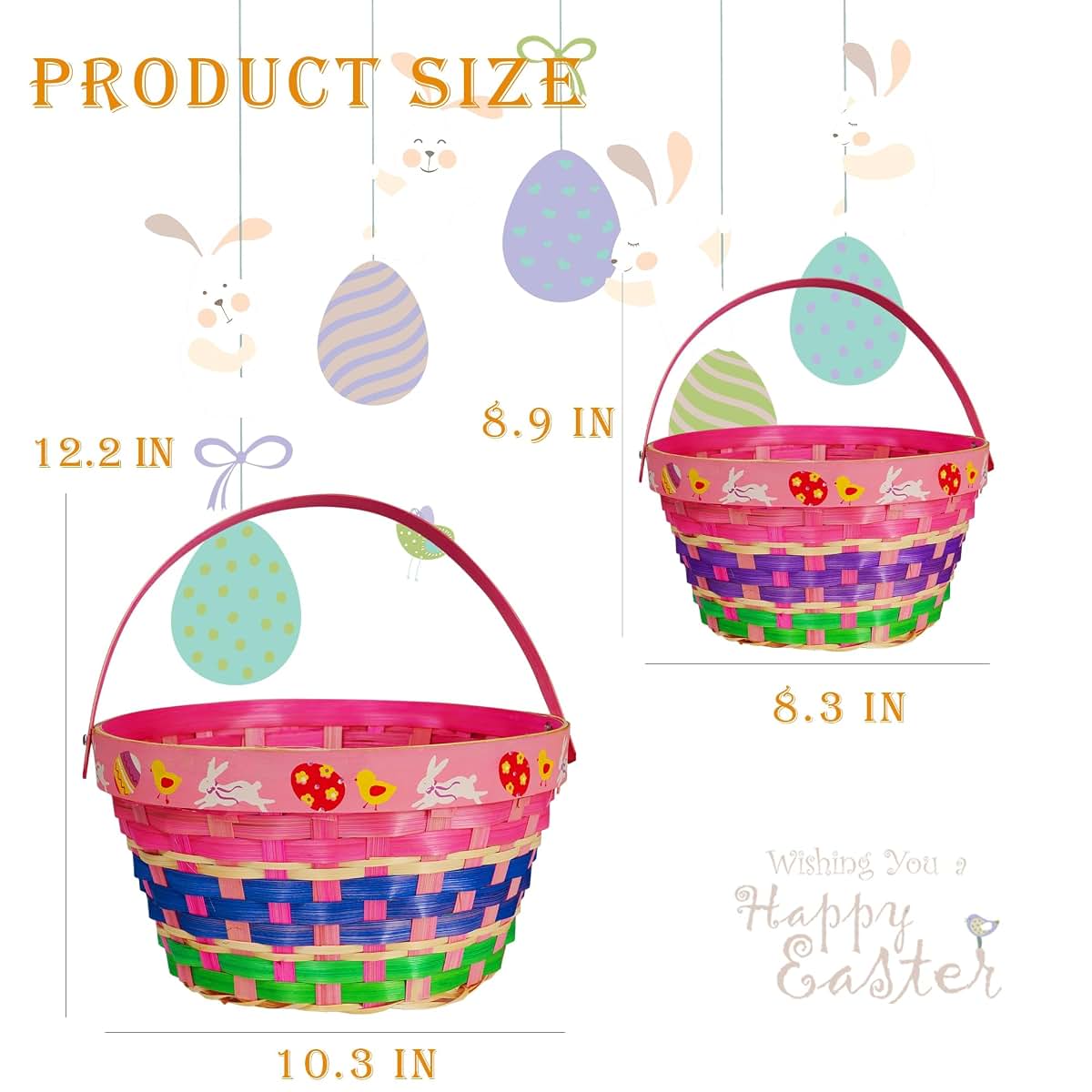 Uptotop 4 Pc Woven Bamboo Easter Basket Set with Handles and 5 Color Crinkle Paper Filler