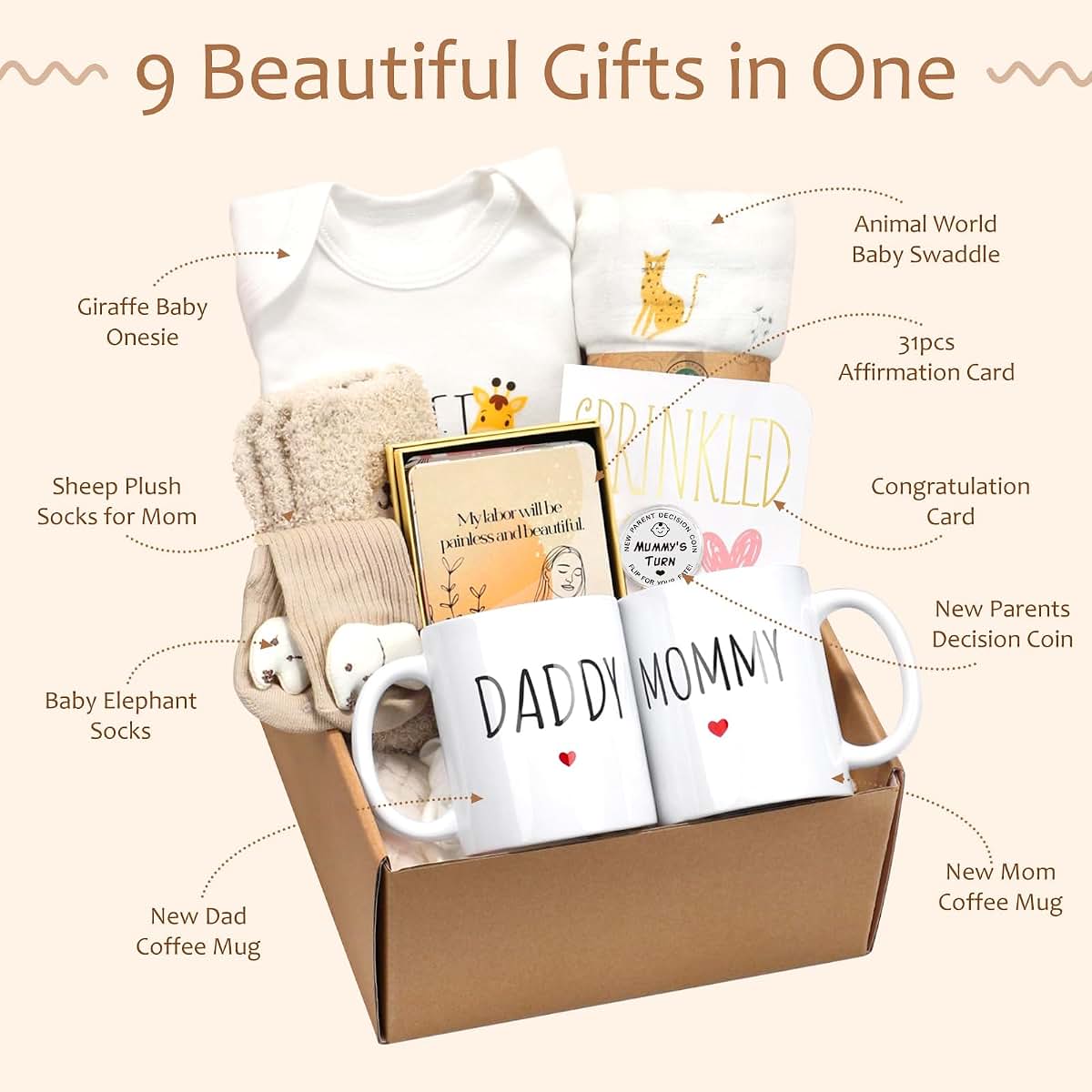 Kjtao New Mom Gift Basket With Mugs Swaddle And Baby Clothes