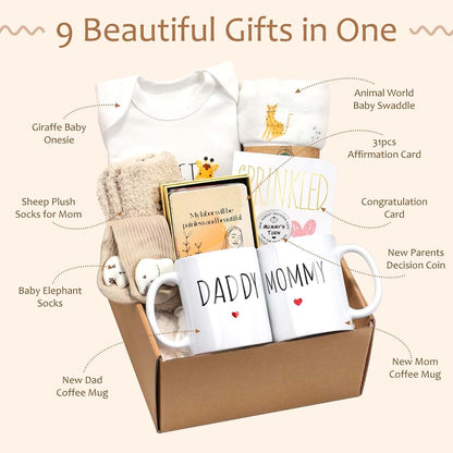 Kjtao New Mom Gift Basket With Mugs Swaddle And Baby Clothes