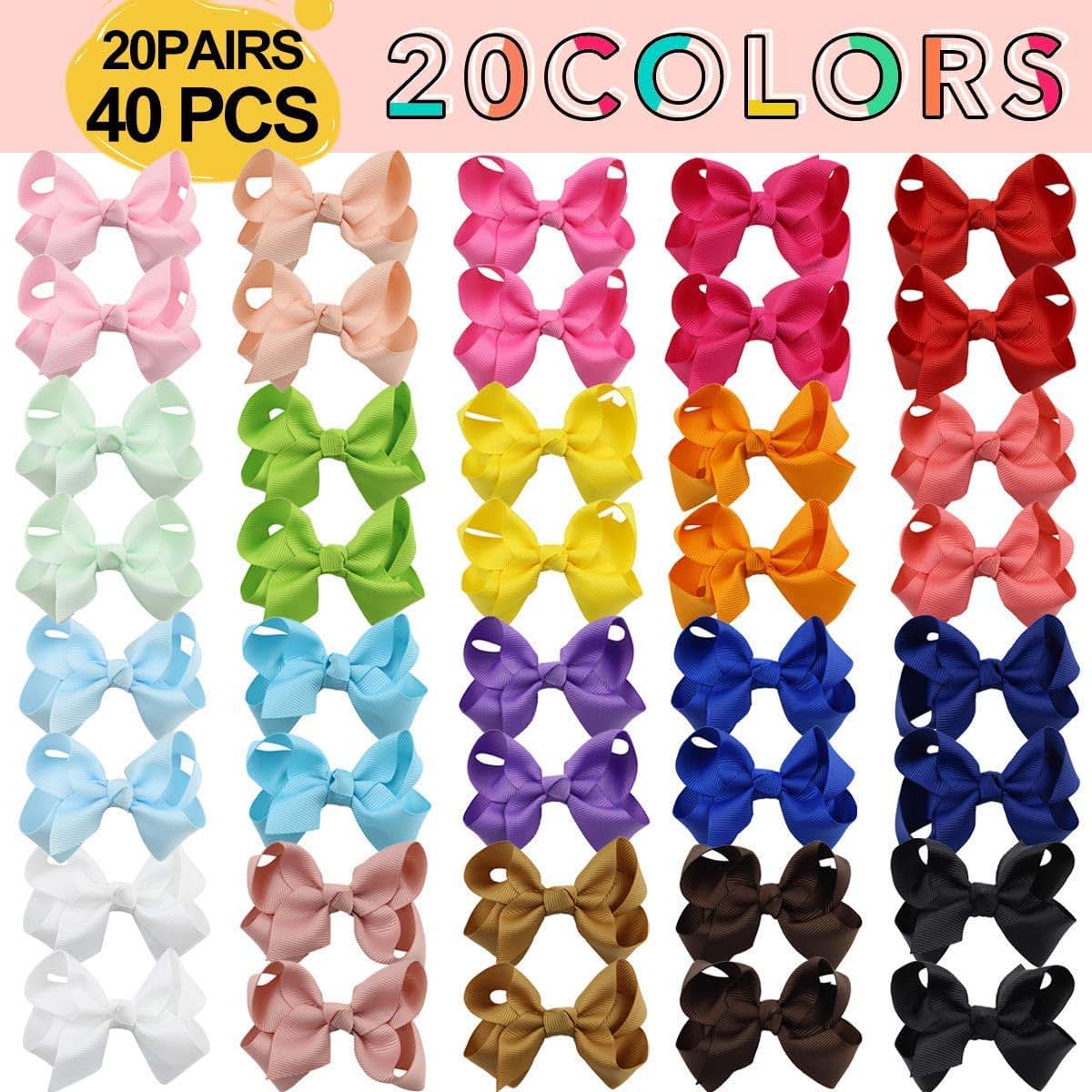BabyOneStop 40-Piece Hair Bows and Clips Set for Baby Girls, 3-Inch Alligator Clips, Ponytail and Pigtail Holders